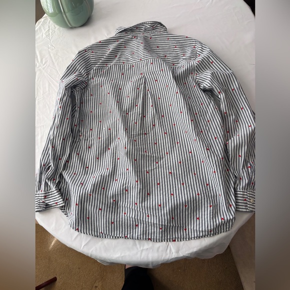 Old Navy Classic Collared LS Shirt Gray White Striped w/ Heart Pattern Women’s L - Picture 6 of 13